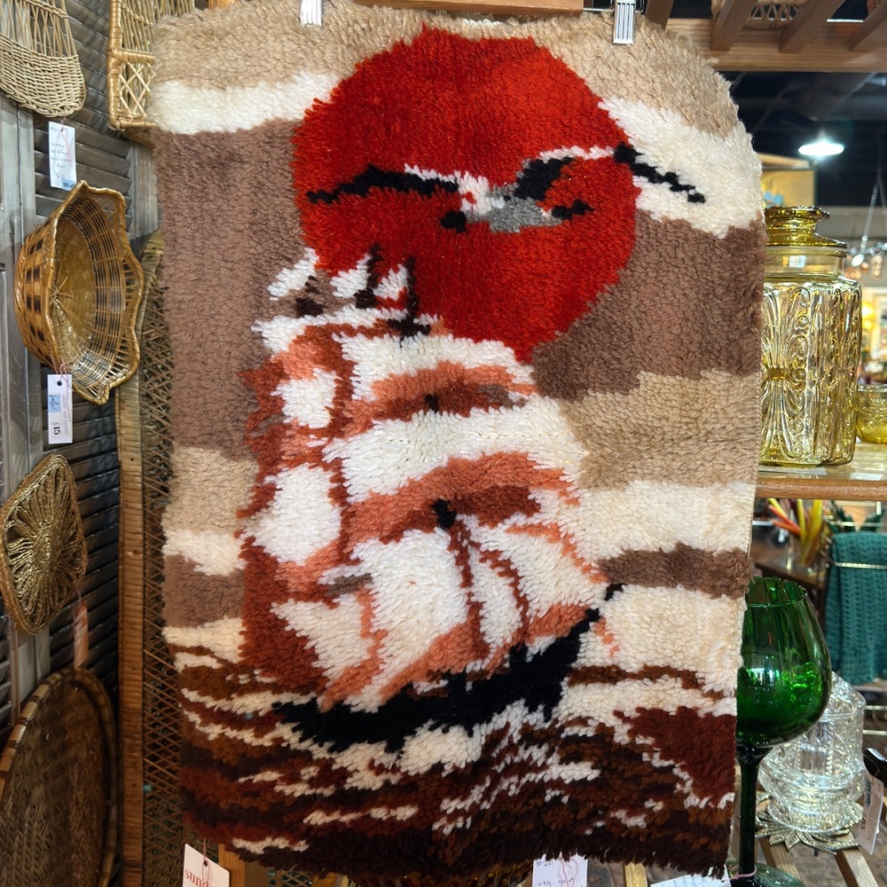 Vintage 1979 Mid Century Sunset Boat Cross Stitch Latch-hook Fabric Art